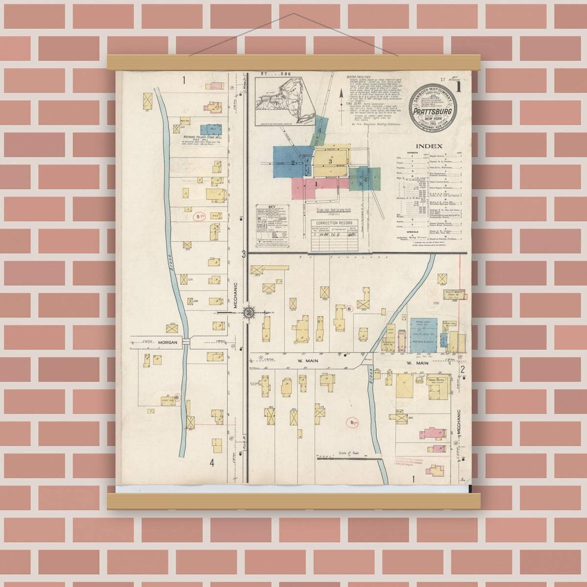 Old map wall art mockup — magnetic wood frame on brick wall — Sanborn Fire Insurance Map from Prattsburgh, Steuben County, New York (1934) - Complete Map Set
