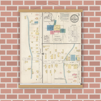 Old map wall art mockup — magnetic wood frame on brick wall — Sanborn Fire Insurance Map from Prattsburgh, Steuben County, New York (1934) - Complete Map Set