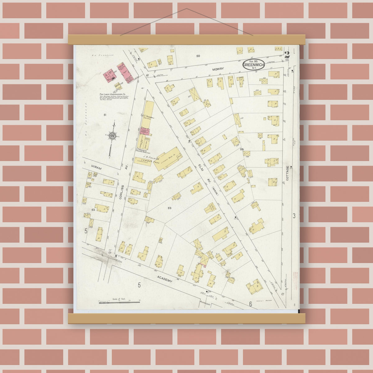 Old map wall art mockup — magnetic wood frame on brick wall — Sanborn Fire Insurance Map from Greenwich, Washington County, New York (1913) - Complete Map Set
