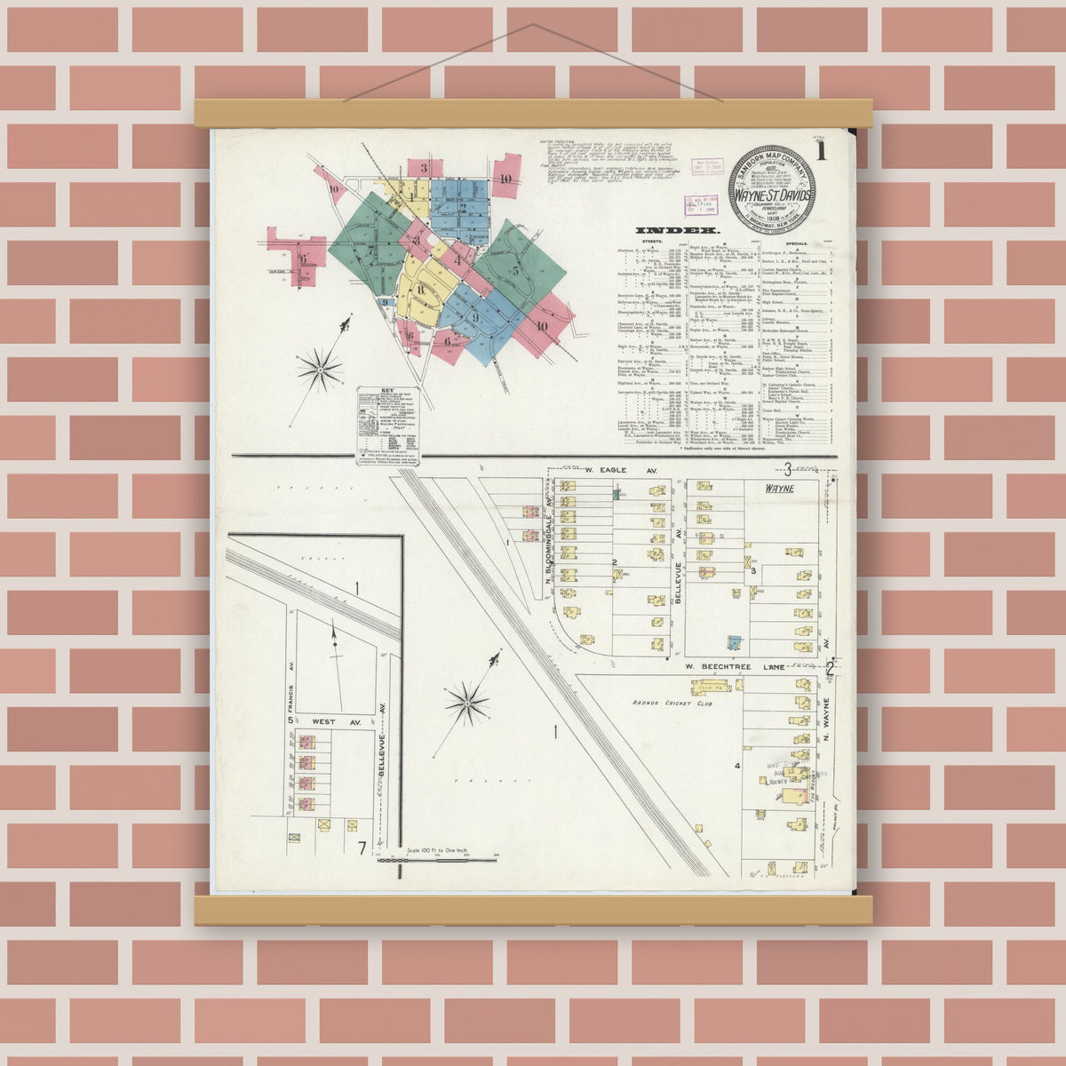 Old map wall art mockup — magnetic wood frame on brick wall — Sanborn Fire Insurance Map from Wayne, Delaware County, Pennsylvania (1909) - Complete Map Set