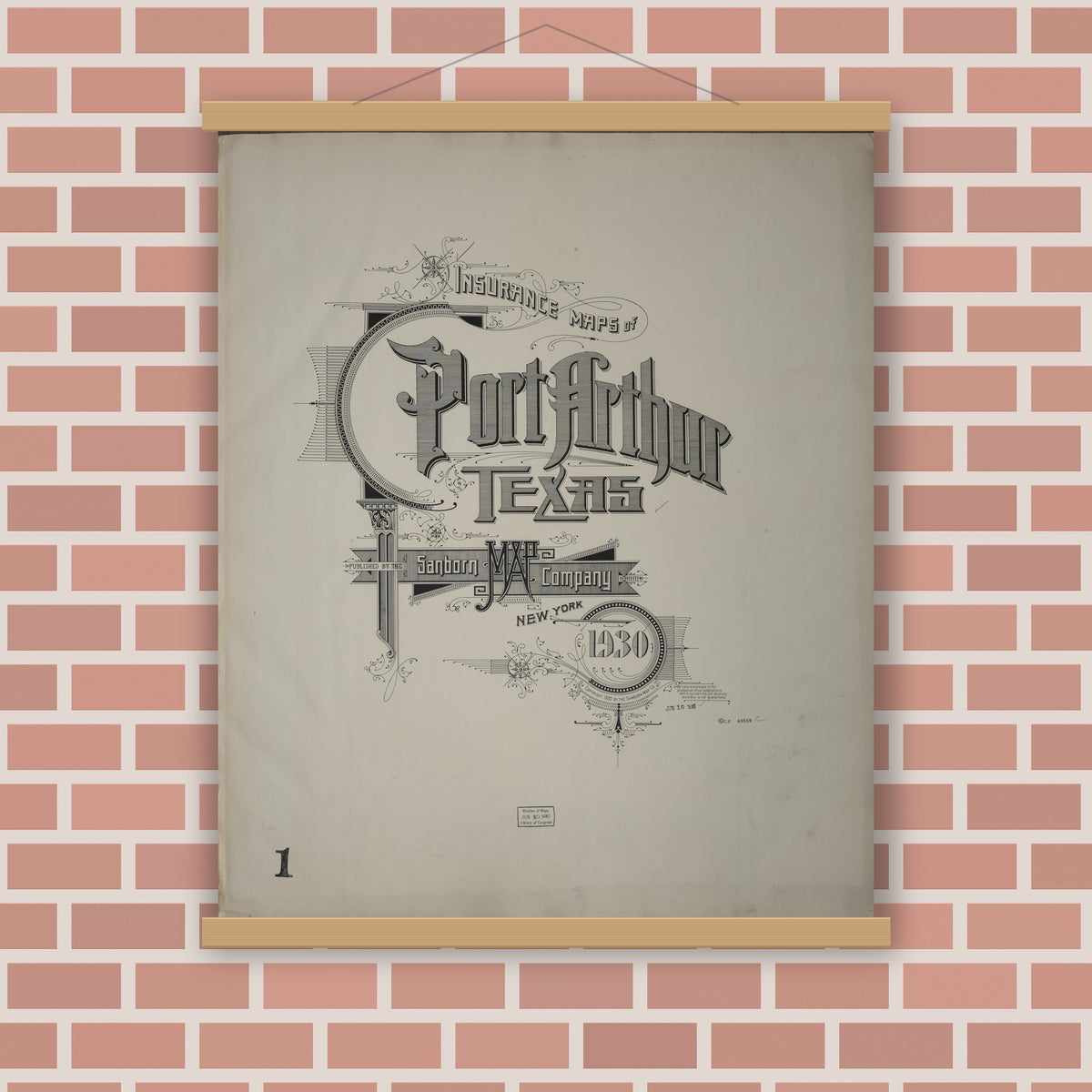 Old map wall art mockup — magnetic wood frame on brick wall — Sanborn Fire Insurance Map from Port Arthur, Jefferson County, Texas (1930), Sheet #0001