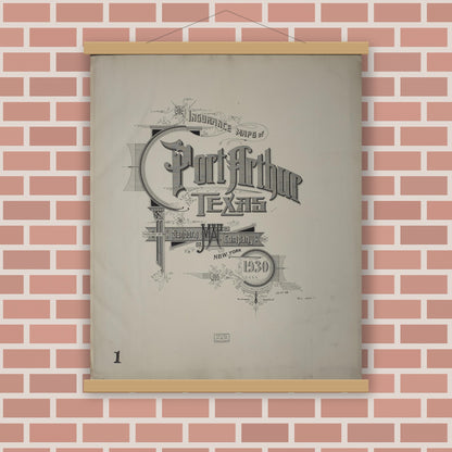 Old map wall art mockup — magnetic wood frame on brick wall — Sanborn Fire Insurance Map from Port Arthur, Jefferson County, Texas (1930), Sheet #0001