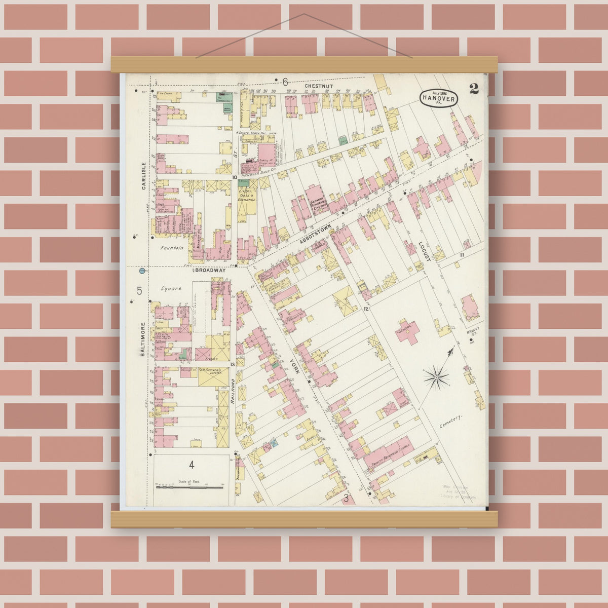 Old map wall art mockup — magnetic wood frame on brick wall — Sanborn Fire Insurance Map from Hanover, York County, Pennsylvania (1896), Sheet #0002