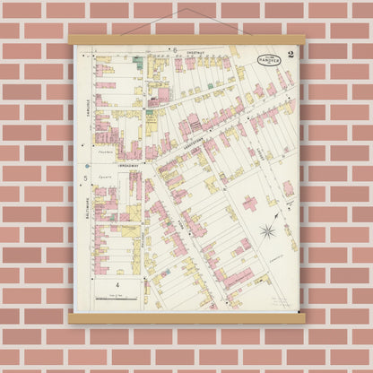 Old map wall art mockup — magnetic wood frame on brick wall — Sanborn Fire Insurance Map from Hanover, York County, Pennsylvania (1896), Sheet #0002