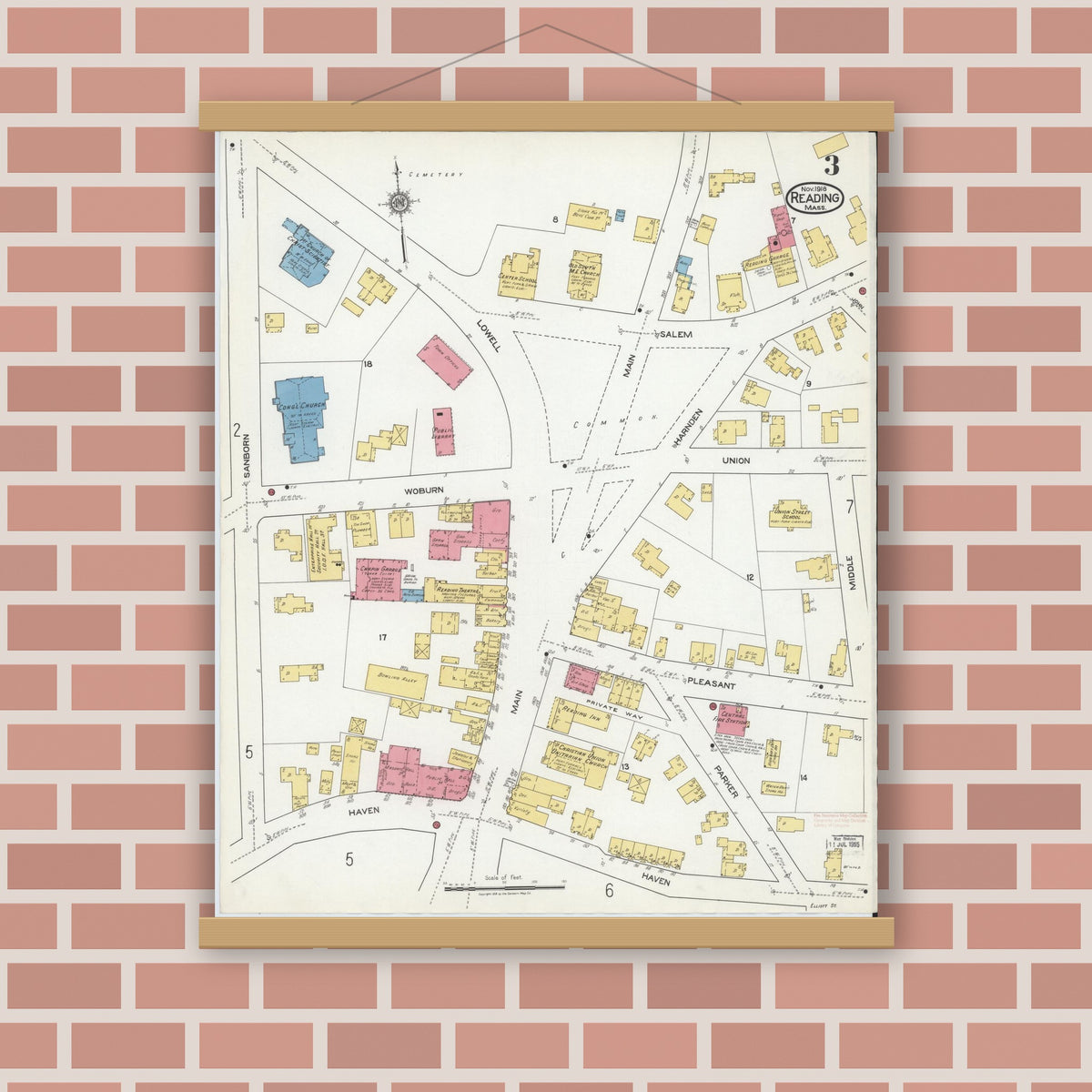 Old map wall art mockup — magnetic wood frame on brick wall — Sanborn Fire Insurance Map from Reading, Middlesex County, Massachusetts (1918), Sheet #0003