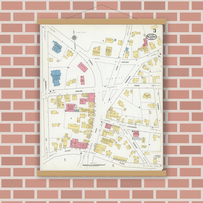 Old map wall art mockup — magnetic wood frame on brick wall — Sanborn Fire Insurance Map from Reading, Middlesex County, Massachusetts (1918), Sheet #0003