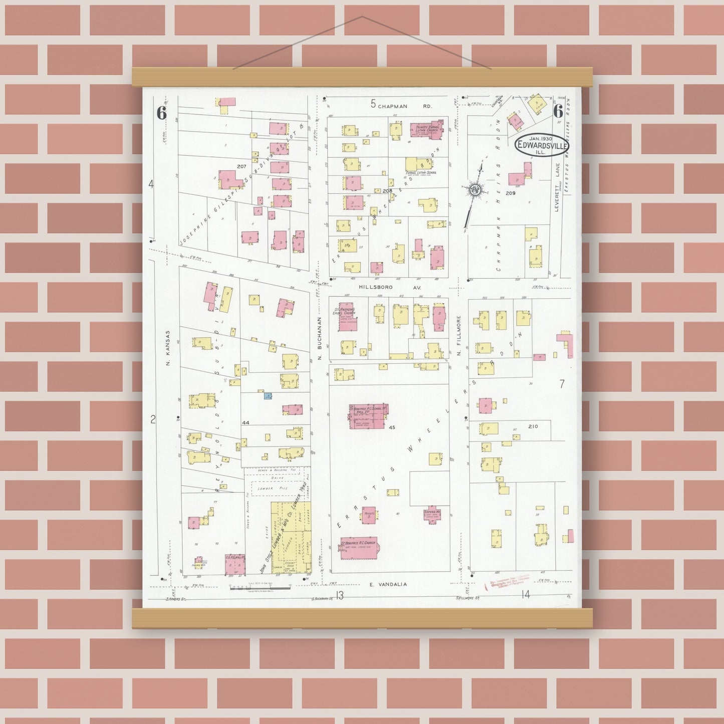 Old map wall art mockup — magnetic wood frame on brick wall — Sanborn Fire Insurance Map from Edwardsville, Madison County, Illinois (1930), Sheet #0006