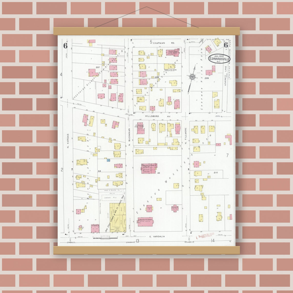 Old map wall art mockup — magnetic wood frame on brick wall — Sanborn Fire Insurance Map from Edwardsville, Madison County, Illinois (1930), Sheet #0006
