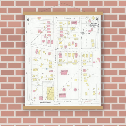 Old map wall art mockup — magnetic wood frame on brick wall — Sanborn Fire Insurance Map from Edwardsville, Madison County, Illinois (1930), Sheet #0006