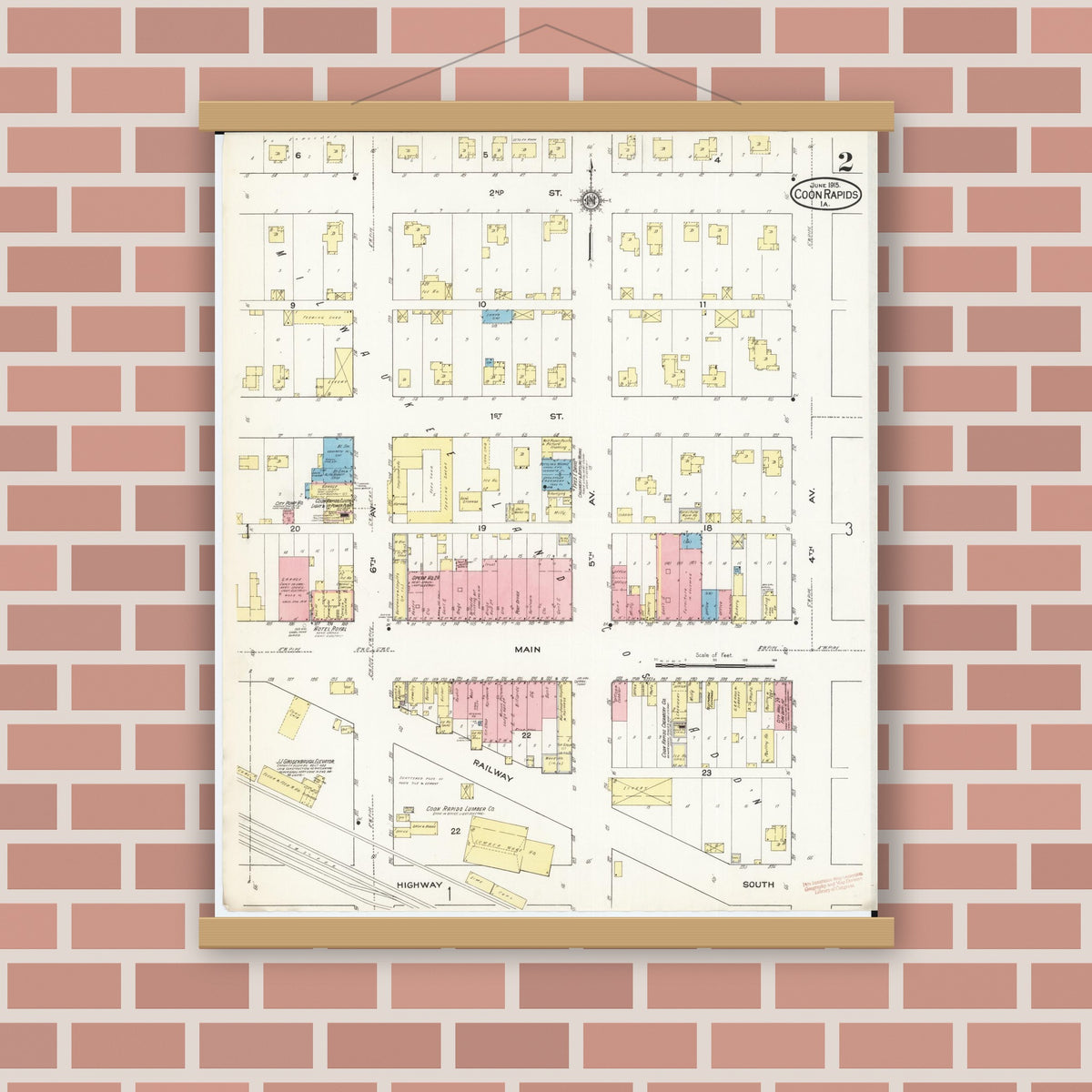 Old map wall art mockup — magnetic wood frame on brick wall — Sanborn Fire Insurance Map from Coon Rapids, Carroll County, Iowa (1915), Sheet #0002