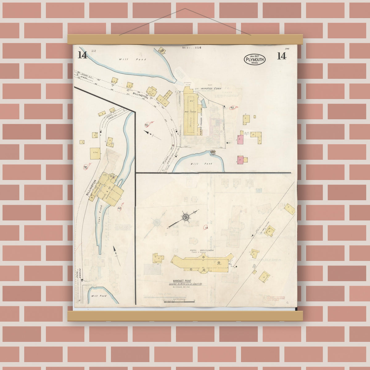 Old map wall art mockup — magnetic wood frame on brick wall — Sanborn Fire Insurance Map from Plymouth, Plymouth County, Massachusetts (1948), Sheet #0014