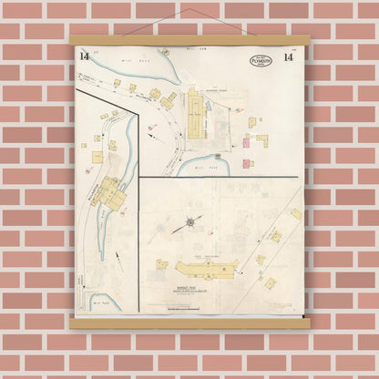 Old map wall art mockup — magnetic wood frame on brick wall — Sanborn Fire Insurance Map from Plymouth, Plymouth County, Massachusetts (1948), Sheet #0014
