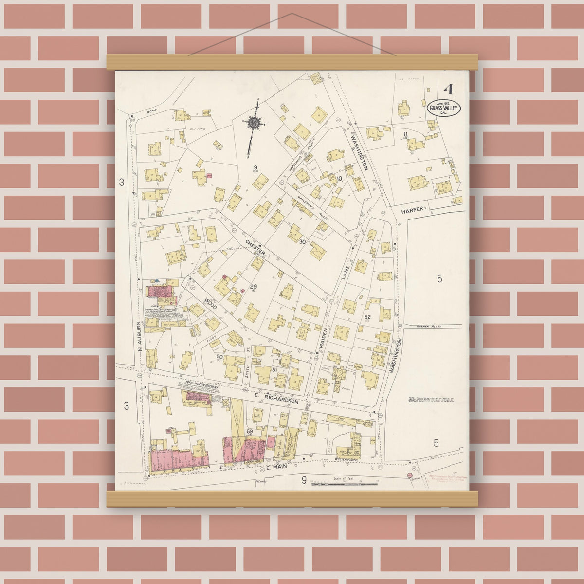 Old map wall art mockup — magnetic wood frame on brick wall — Sanborn Fire Insurance Map from Grass Valley, Nevada County, California (1912), Sheet #0004