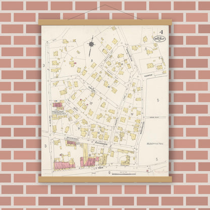 Old map wall art mockup — magnetic wood frame on brick wall — Sanborn Fire Insurance Map from Grass Valley, Nevada County, California (1912), Sheet #0004