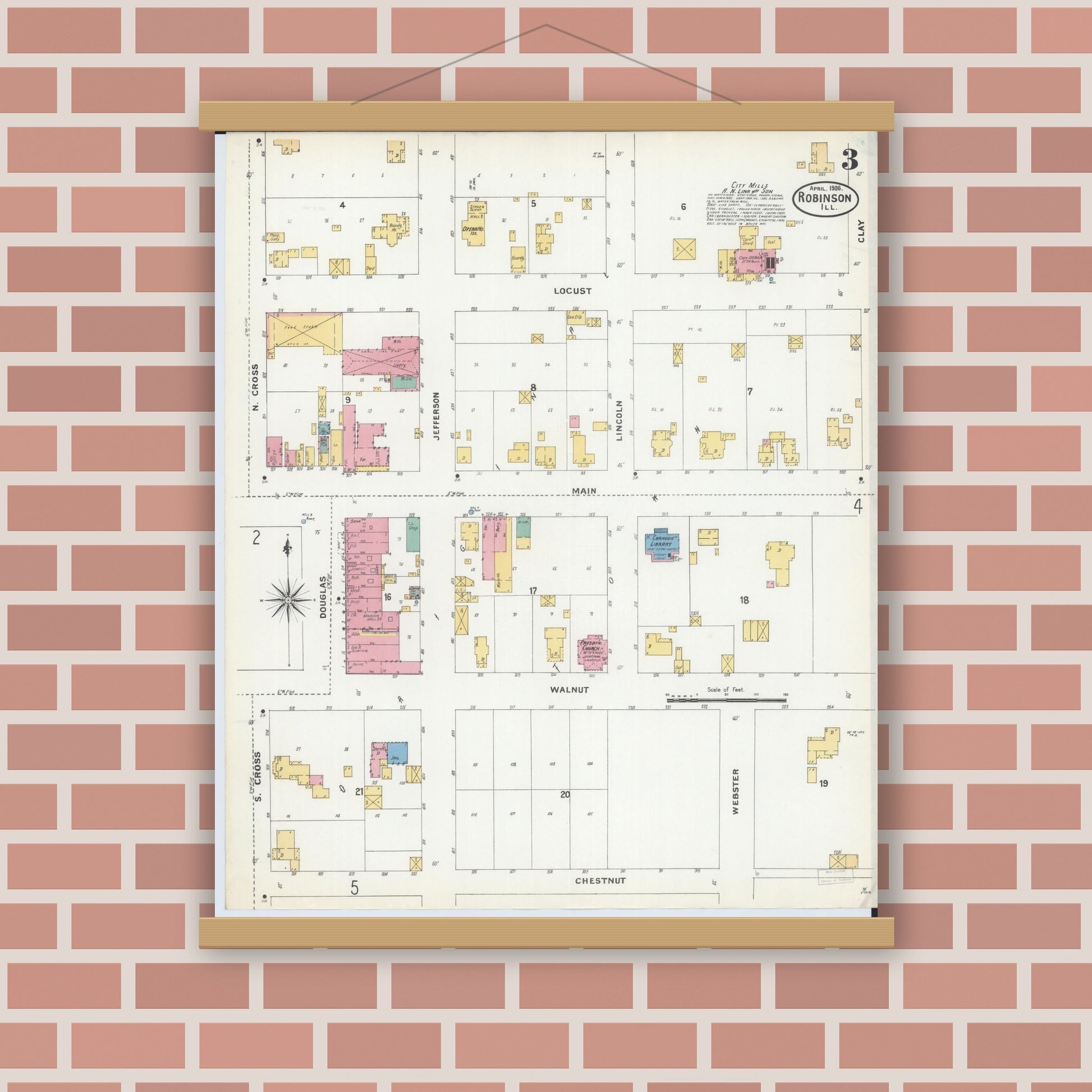 Old map wall art mockup — magnetic wood frame on brick wall — Sanborn Fire Insurance Map from Robinson, Crawford County, Illinois (1906), Sheet #0003