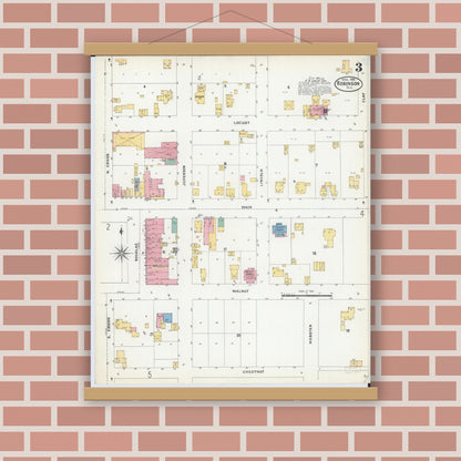 Old map wall art mockup — magnetic wood frame on brick wall — Sanborn Fire Insurance Map from Robinson, Crawford County, Illinois (1906), Sheet #0003