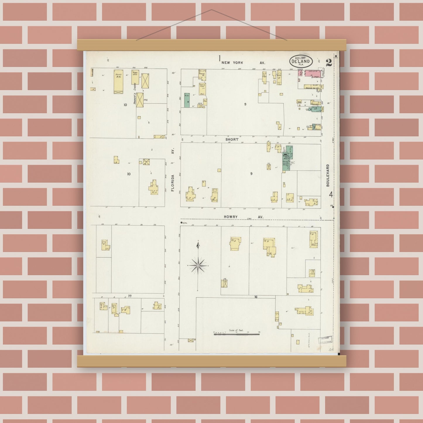 Old map wall art mockup — magnetic wood frame on brick wall — Sanborn Fire Insurance Map from De Land, Volusia County, Florida (1897), Sheet #0002
