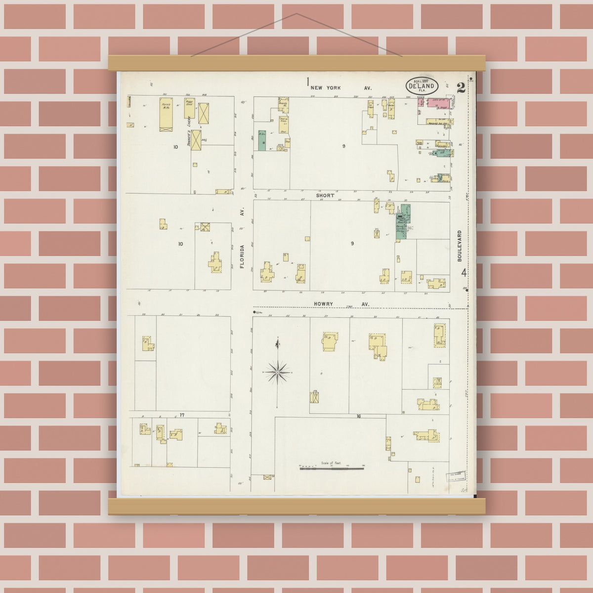 Old map wall art mockup — magnetic wood frame on brick wall — Sanborn Fire Insurance Map from De Land, Volusia County, Florida (1897), Sheet #0002