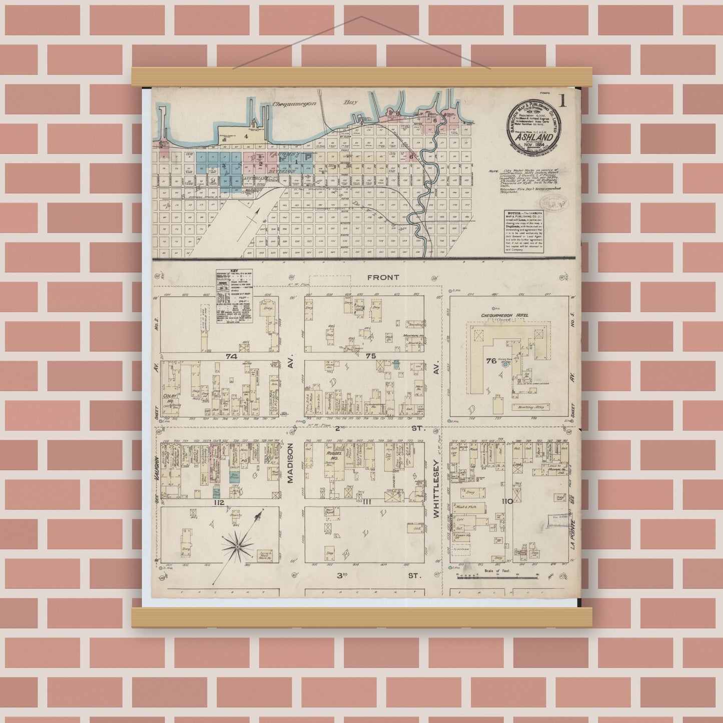 Old map wall art mockup — magnetic wood frame on brick wall — Sanborn Fire Insurance Map from Ashland, Ashland County, Wisconsin (1884), Sheet #0001