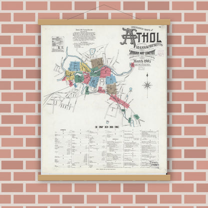 Old map wall art mockup — magnetic wood frame on brick wall — Sanborn Fire Insurance Map from Athol, Worcester County, Massachusetts (1905), Sheet #0001