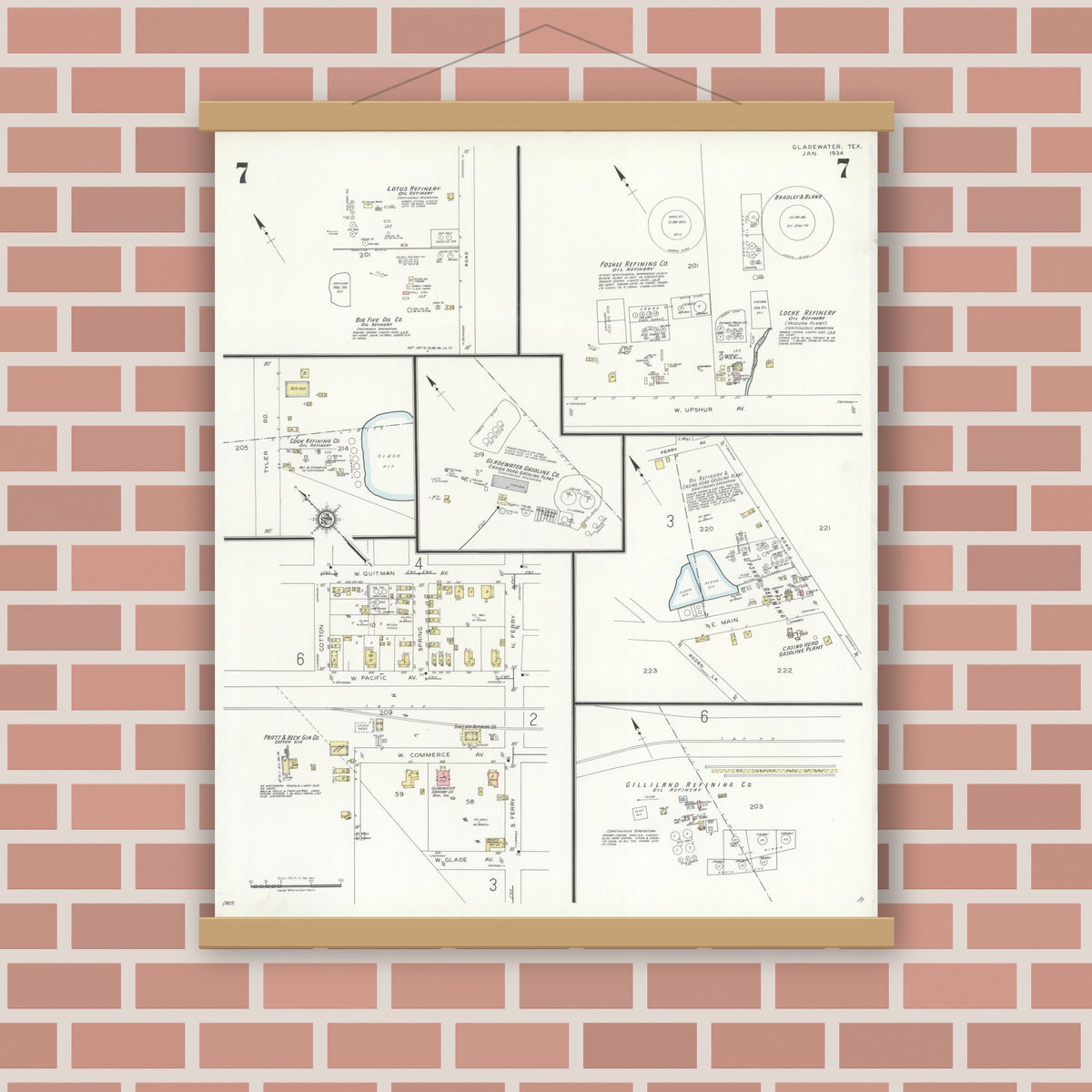 Old map wall art mockup — magnetic wood frame on brick wall — Sanborn Fire Insurance Map from Gladewater, Gregg County, Texas (1934), Sheet #0007