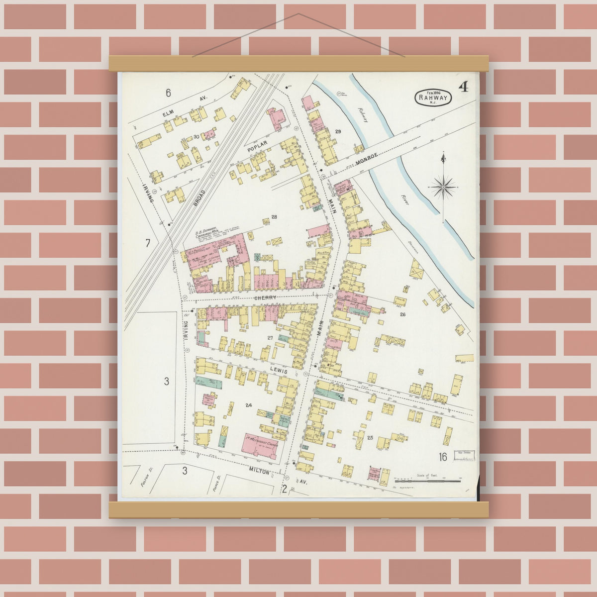 Old map wall art mockup — magnetic wood frame on brick wall — Sanborn Fire Insurance Map from Rahway, Union County, New Jersey (1896), Sheet #0004