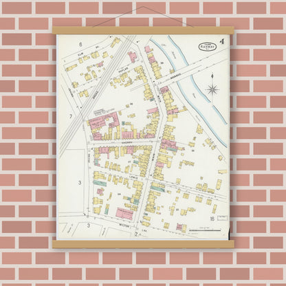 Old map wall art mockup — magnetic wood frame on brick wall — Sanborn Fire Insurance Map from Rahway, Union County, New Jersey (1896), Sheet #0004