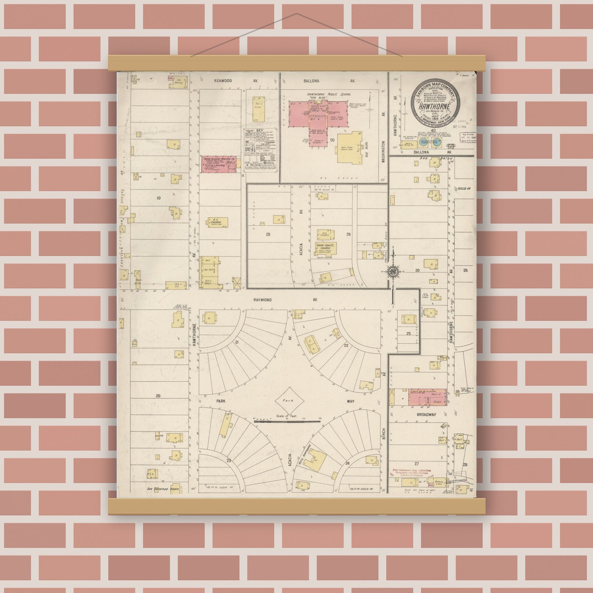 Old map wall art mockup — magnetic wood frame on brick wall — Sanborn Fire Insurance Map from Hawthorne, Los Angeles County, California (1916), Sheet #0001
