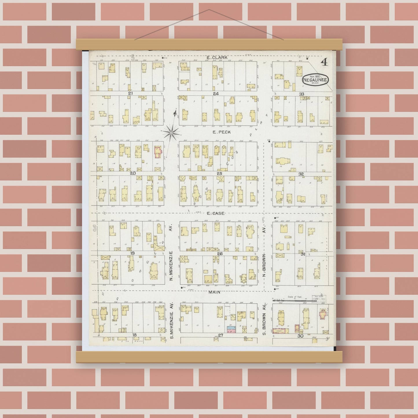 Old map wall art mockup — magnetic wood frame on brick wall — Sanborn Fire Insurance Map from Negaunee, Marquette County, Michigan (1892), Sheet #0004