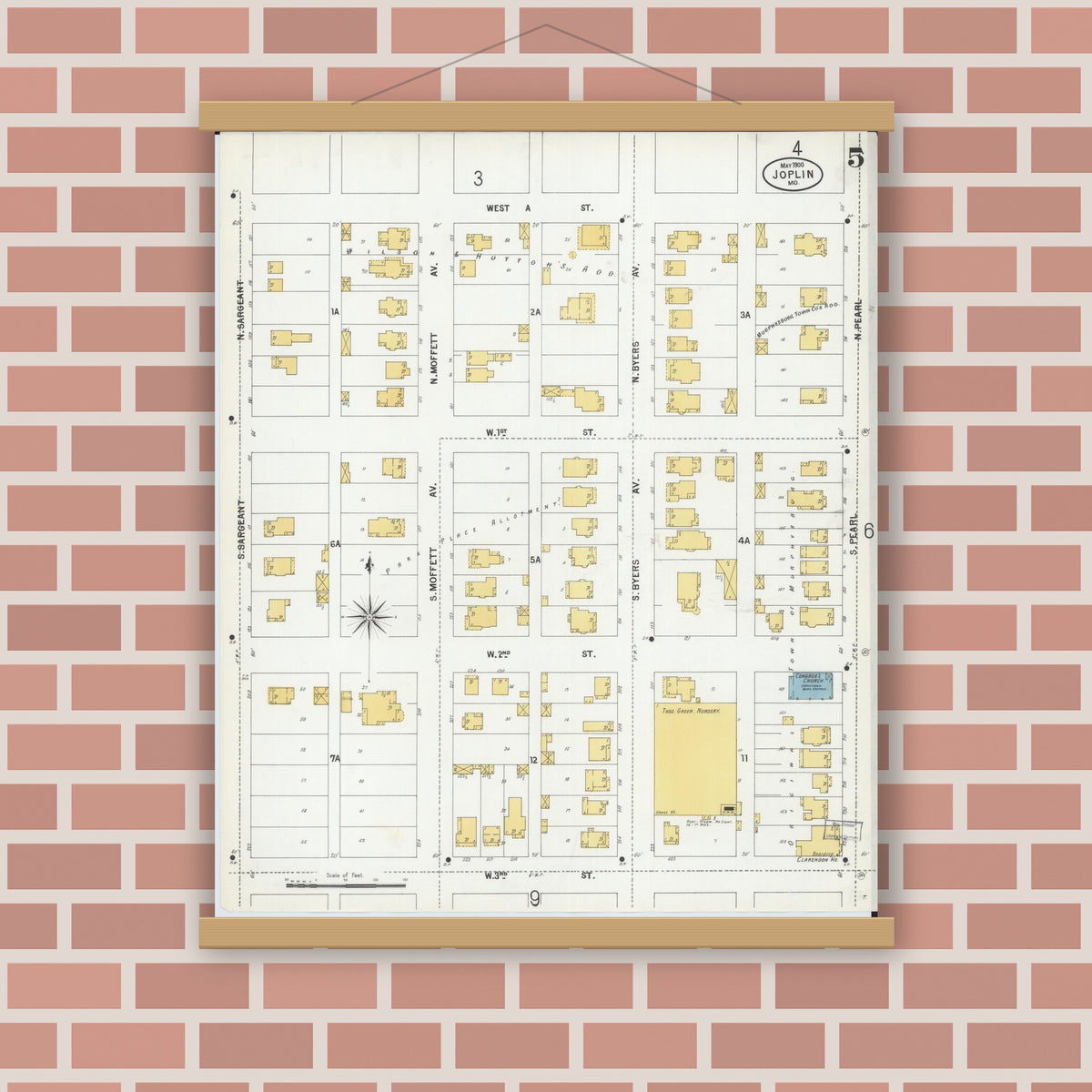Old map wall art mockup — magnetic wood frame on brick wall — Sanborn Fire Insurance Map from Joplin, Jasper County, Missouri (1900), Sheet #0005
