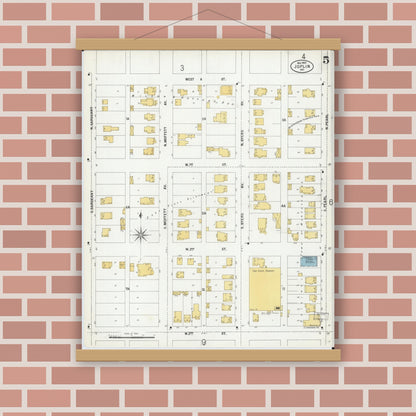 Old map wall art mockup — magnetic wood frame on brick wall — Sanborn Fire Insurance Map from Joplin, Jasper County, Missouri (1900), Sheet #0005