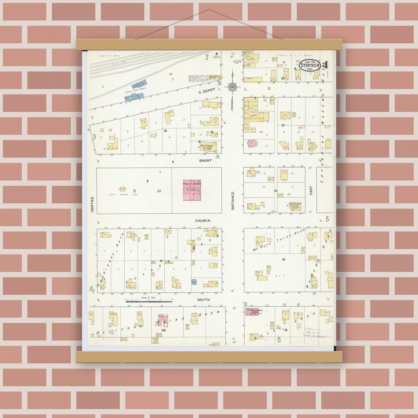 Old map wall art mockup — magnetic wood frame on brick wall — Sanborn Fire Insurance Map from Stryker, Williams County, Ohio (1916), Sheet #0004