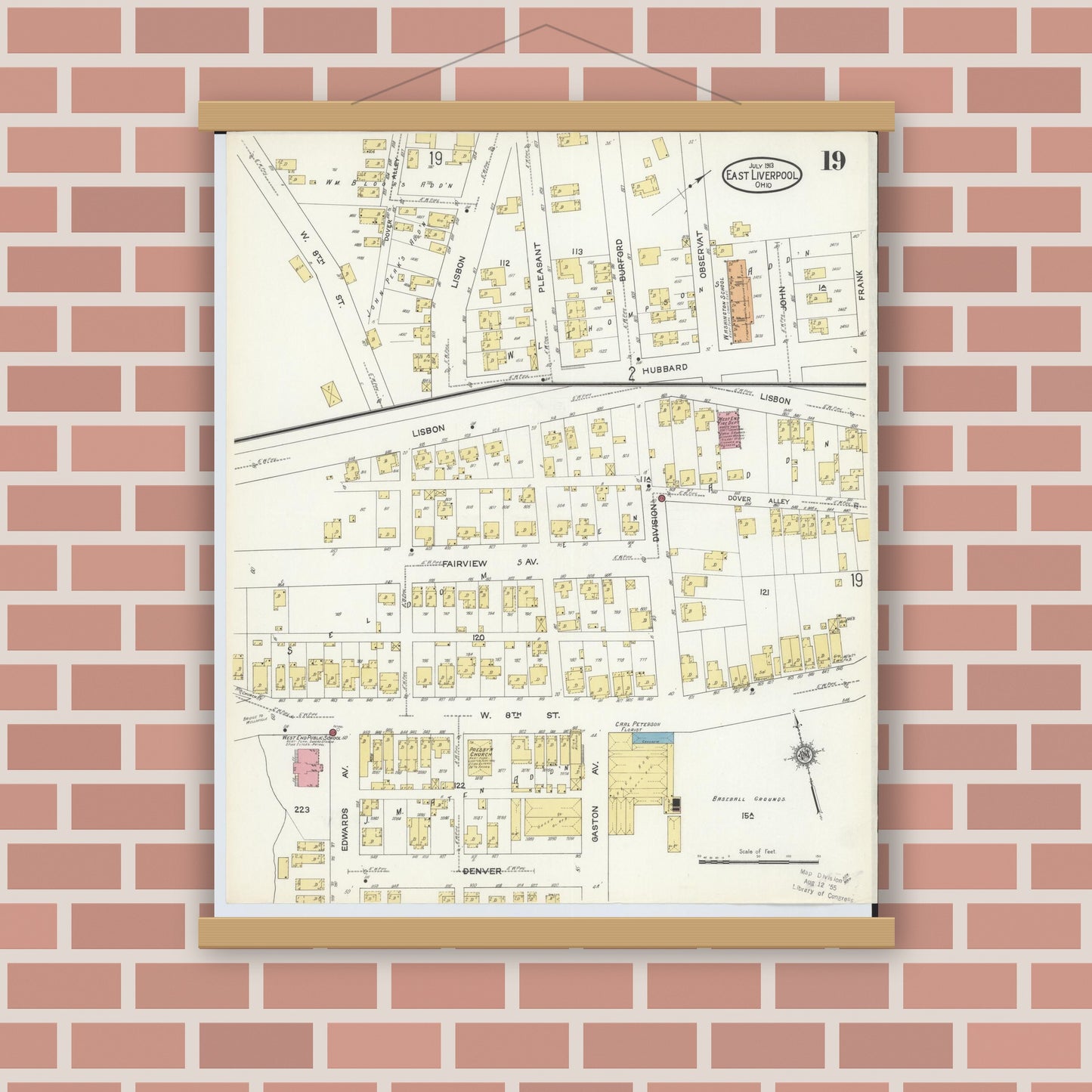 Old map wall art mockup — magnetic wood frame on brick wall — Sanborn Fire Insurance Map from East Liverpool, Columbiana County, Ohio (1913), Sheet #0019