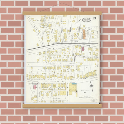 Old map wall art mockup — magnetic wood frame on brick wall — Sanborn Fire Insurance Map from East Liverpool, Columbiana County, Ohio (1913), Sheet #0019