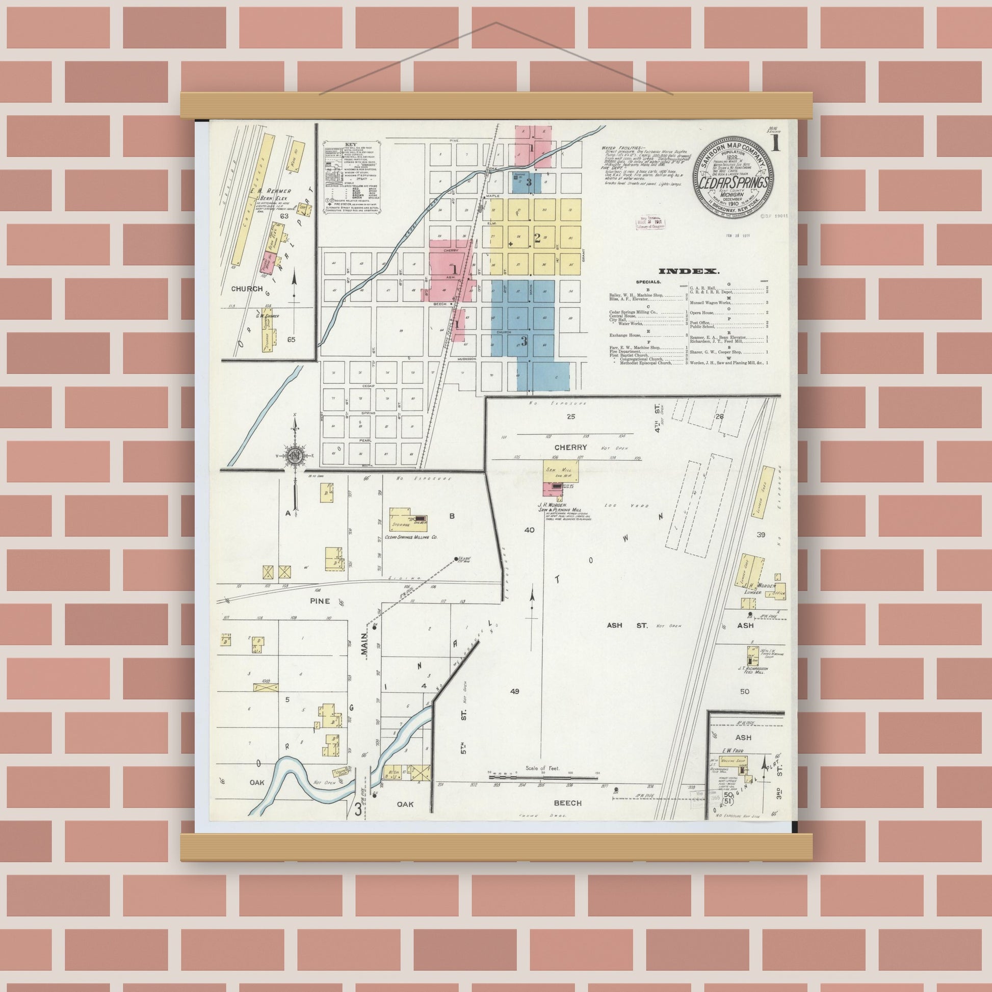 Old map wall art mockup — magnetic wood frame on brick wall — Sanborn Fire Insurance Map from Cedar Springs, Kent County, Michigan (1910), Sheet #0001