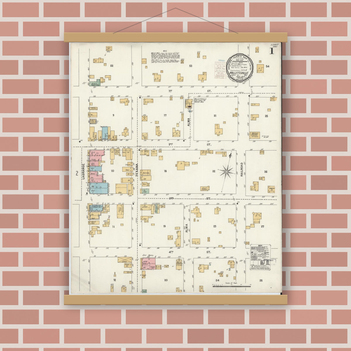 Old map wall art mockup — magnetic wood frame on brick wall — Sanborn Fire Insurance Map from Hallettsville, Lavaca County, Texas (1900) - Complete Map Set