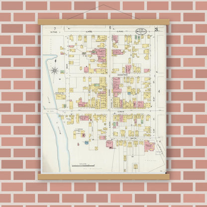 Old map wall art mockup — magnetic wood frame on brick wall — Sanborn Fire Insurance Map from Millville, Cumberland County, New Jersey (1898), Sheet #0003