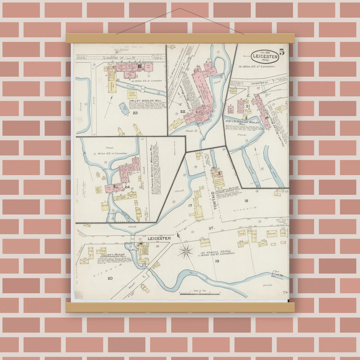 Old map wall art mockup — magnetic wood frame on brick wall — Sanborn Fire Insurance Map from Leicester, Worcester County, Massachusetts (1888), Sheet #0005