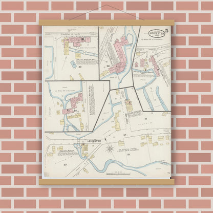 Old map wall art mockup — magnetic wood frame on brick wall — Sanborn Fire Insurance Map from Leicester, Worcester County, Massachusetts (1888), Sheet #0005