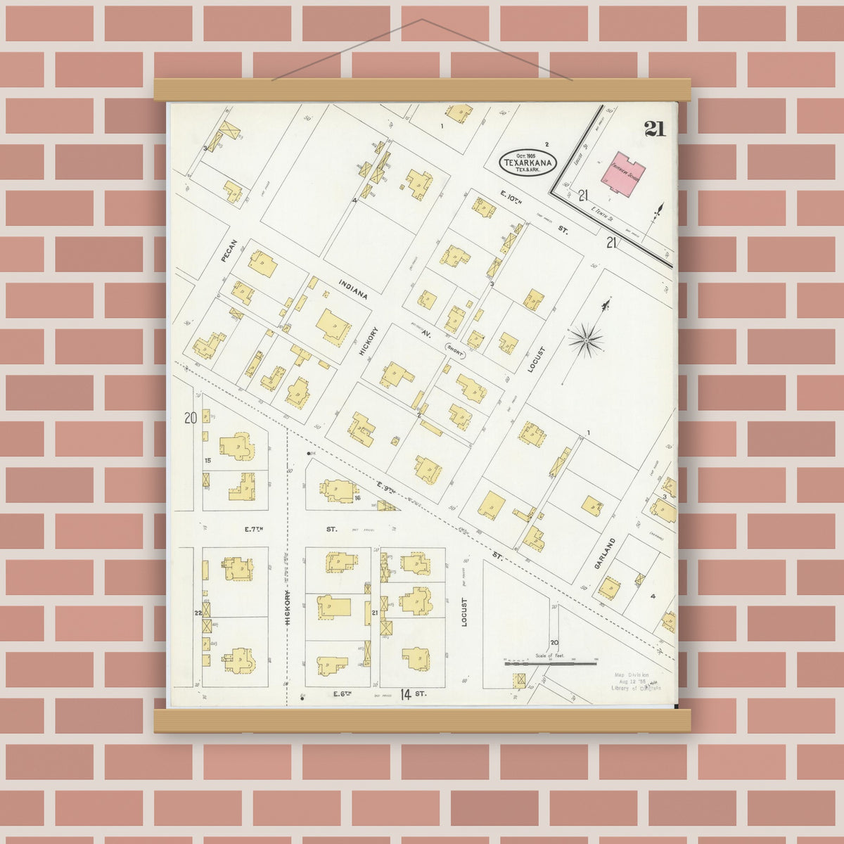 Old map wall art mockup — magnetic wood frame on brick wall — Sanborn Fire Insurance Map from Texarkana, Bowie County, Texas (1905), Sheet #0021