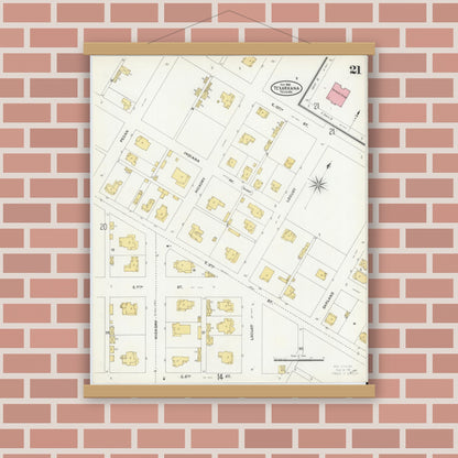Old map wall art mockup — magnetic wood frame on brick wall — Sanborn Fire Insurance Map from Texarkana, Bowie County, Texas (1905), Sheet #0021