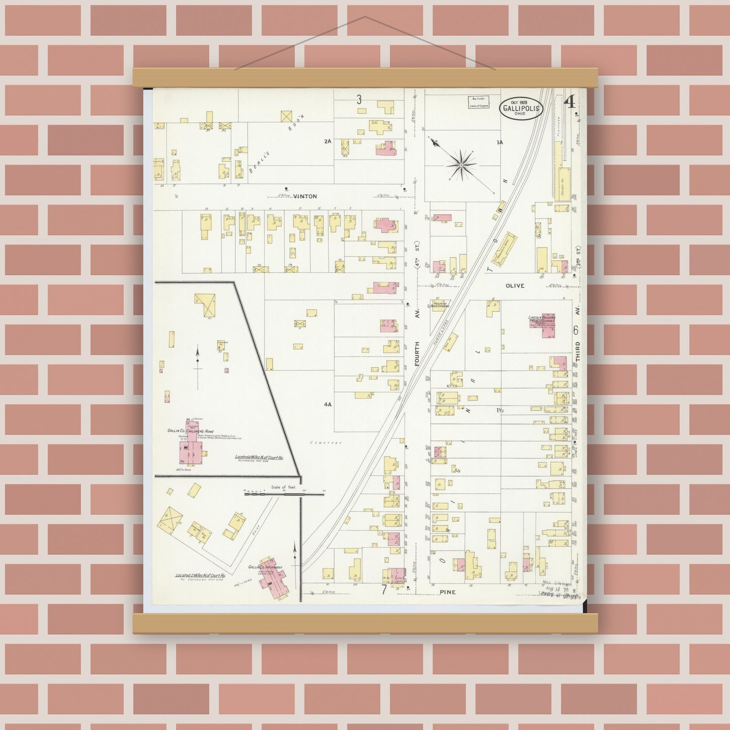 Old map wall art mockup — magnetic wood frame on brick wall — Sanborn Fire Insurance Map from Gallipolis, Gallia County, Ohio (1908), Sheet #0004