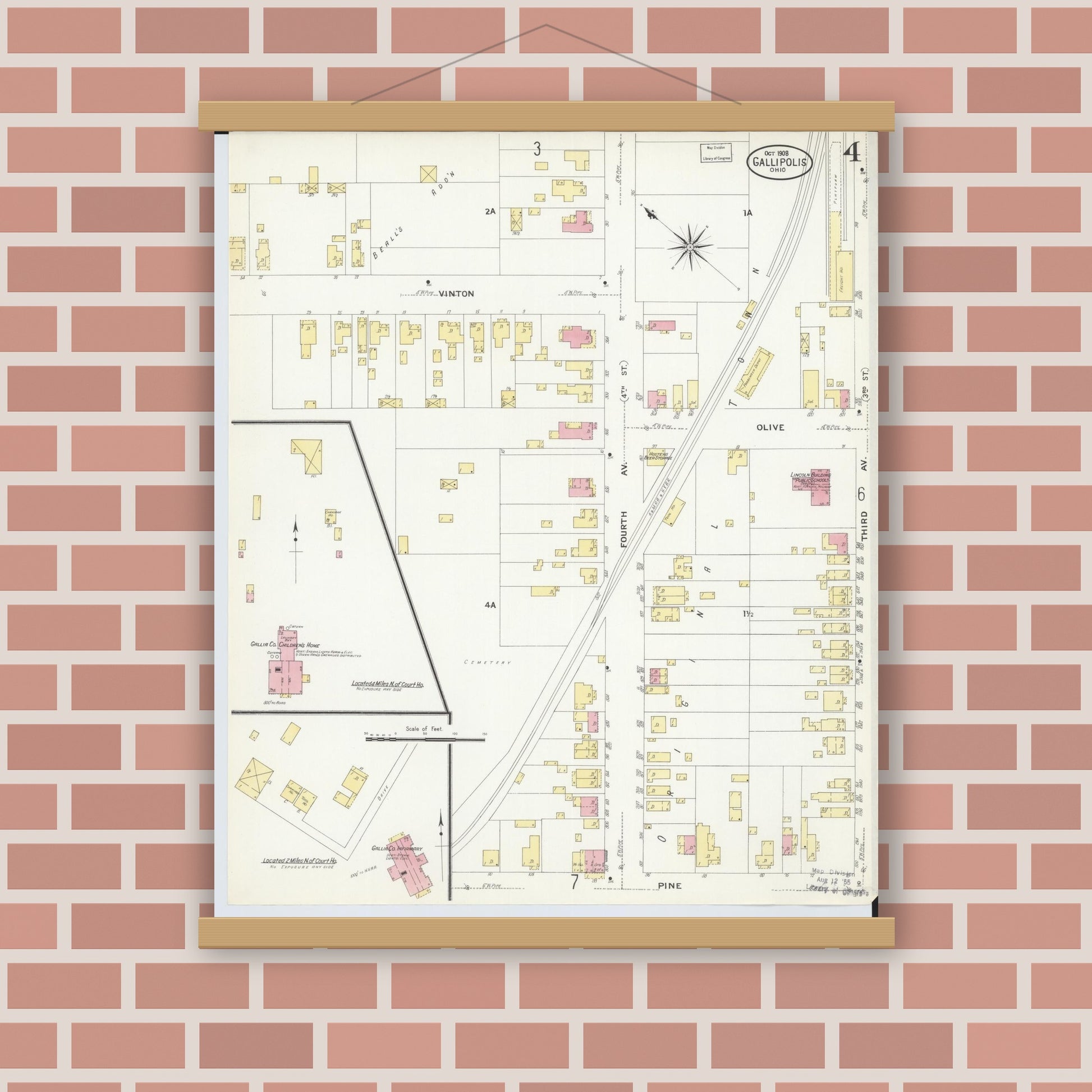 Old map wall art mockup — magnetic wood frame on brick wall — Sanborn Fire Insurance Map from Gallipolis, Gallia County, Ohio (1908), Sheet #0004