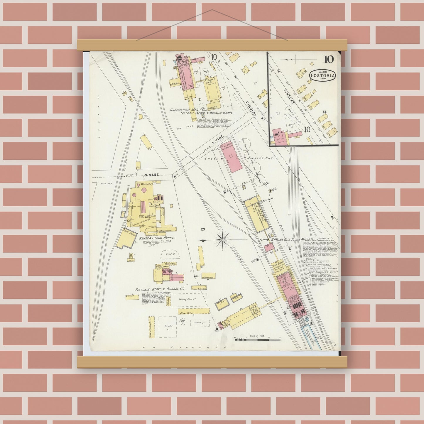Old map wall art mockup — magnetic wood frame on brick wall — Sanborn Fire Insurance Map from Fostoria, Seneca, Hancock, And Wood Counties, Ohio (1896), Sheet #0010