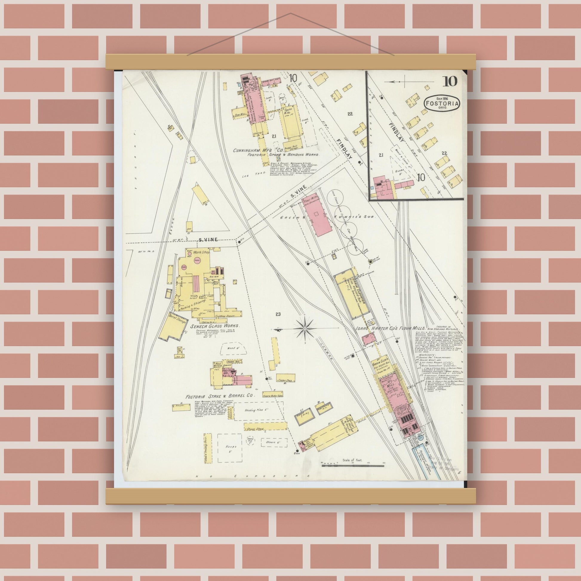 Old map wall art mockup — magnetic wood frame on brick wall — Sanborn Fire Insurance Map from Fostoria, Seneca, Hancock, And Wood Counties, Ohio (1896), Sheet #0010