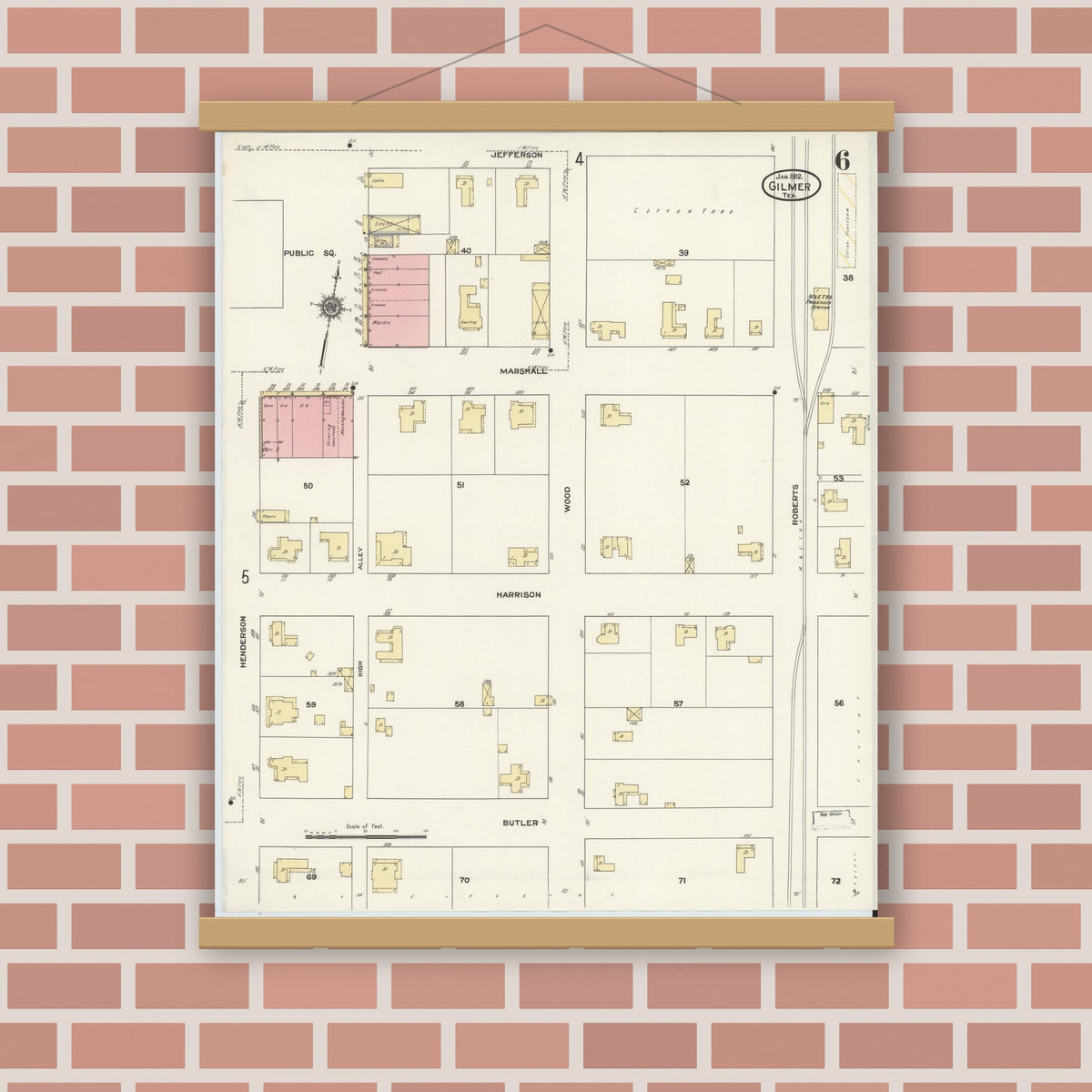 Old map wall art mockup — magnetic wood frame on brick wall — Sanborn Fire Insurance Map from Gilmer, Upshur County, Texas (1912), Sheet #0006
