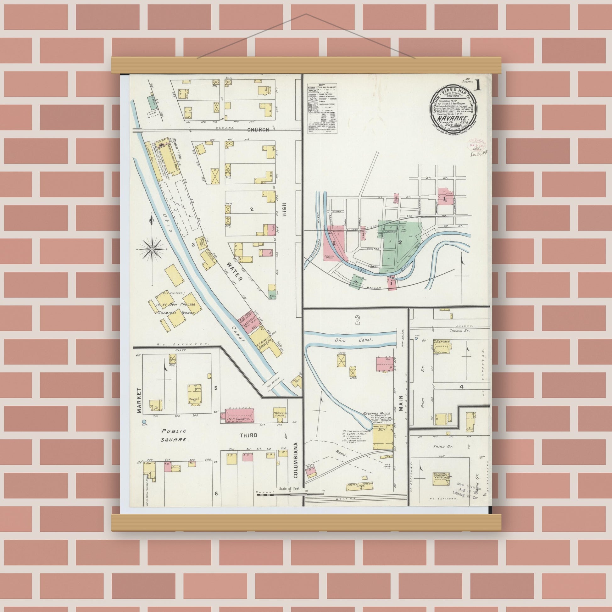 Old map wall art mockup — magnetic wood frame on brick wall — Sanborn Fire Insurance Map from Navarre, Stark County, Ohio (1895), Sheet #0001