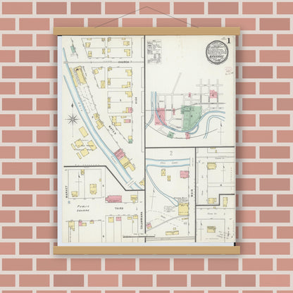 Old map wall art mockup — magnetic wood frame on brick wall — Sanborn Fire Insurance Map from Navarre, Stark County, Ohio (1895), Sheet #0001