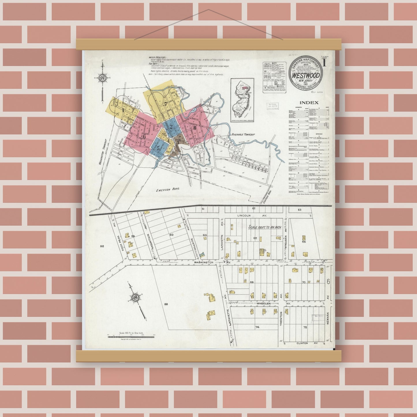 Old map wall art mockup — magnetic wood frame on brick wall — Sanborn Fire Insurance Map from Westwood, Bergen County, New Jersey (1921), Sheet #0001