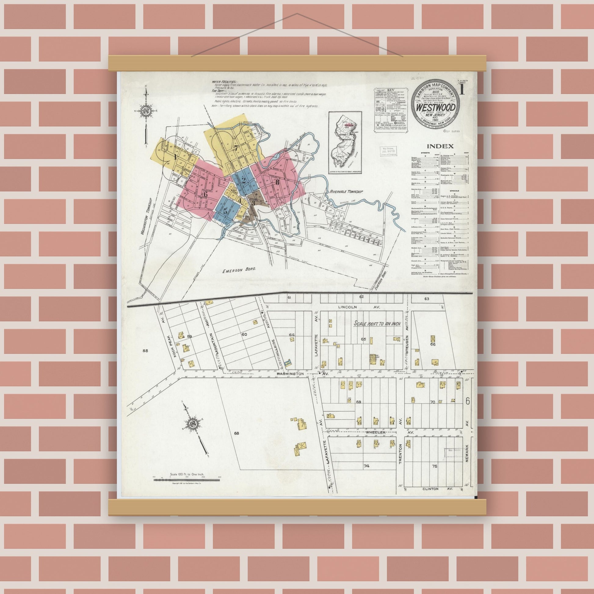 Old map wall art mockup — magnetic wood frame on brick wall — Sanborn Fire Insurance Map from Westwood, Bergen County, New Jersey (1921), Sheet #0001